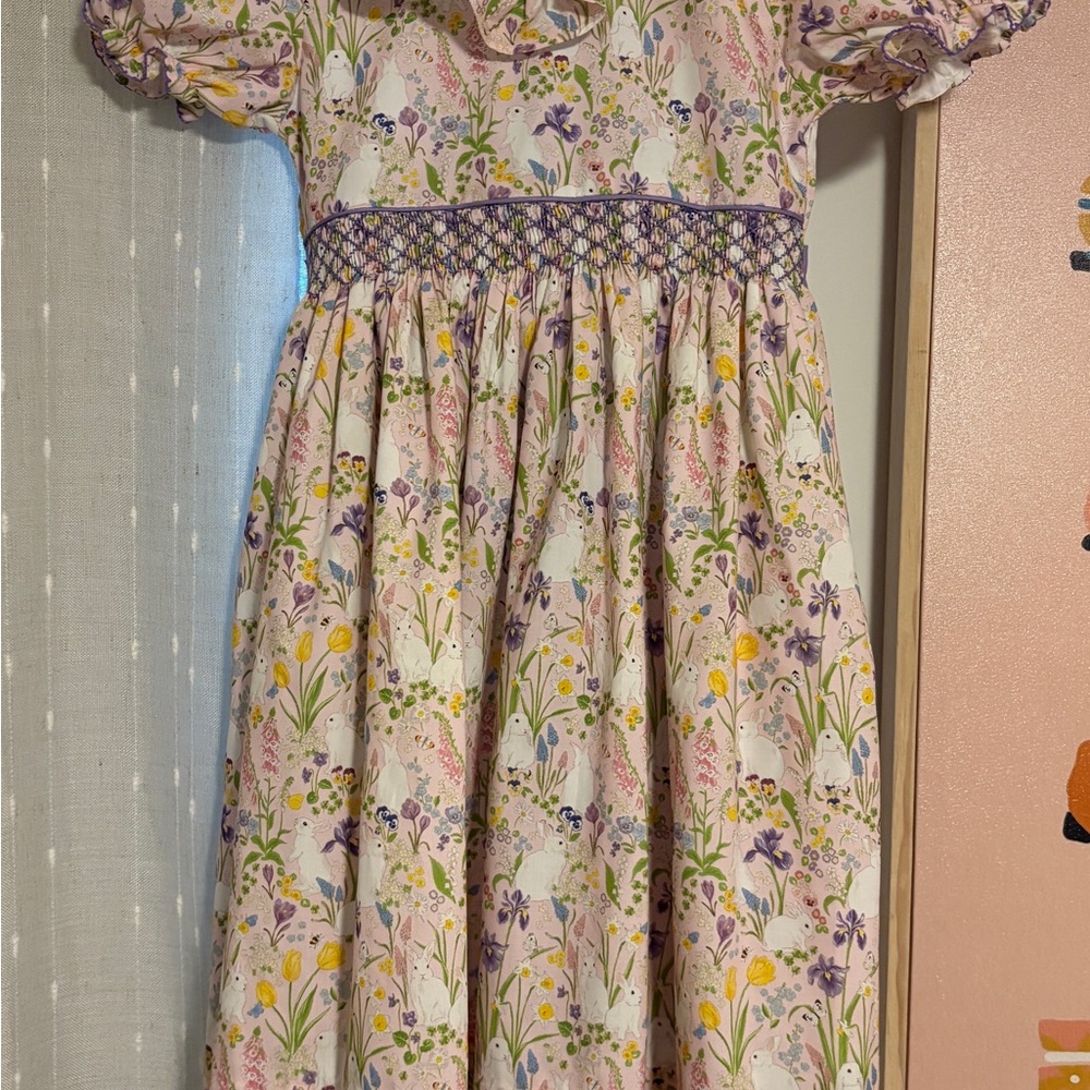 Floral Kids Dress with smocked middle, ribbon tie